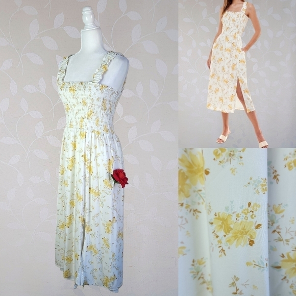 WAYF White Yellow Floral Rashida Midi Dress Shirred Bodice Pockets Cottage L - Picture 1 of 16